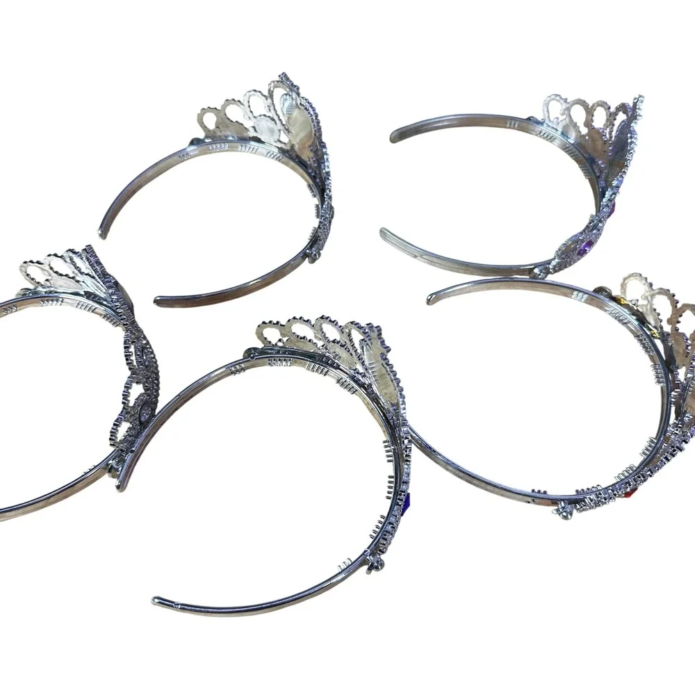 Kids Princess Tiara Headband Set 5 Pack Heart Gemstone Silver Costume Crowns
